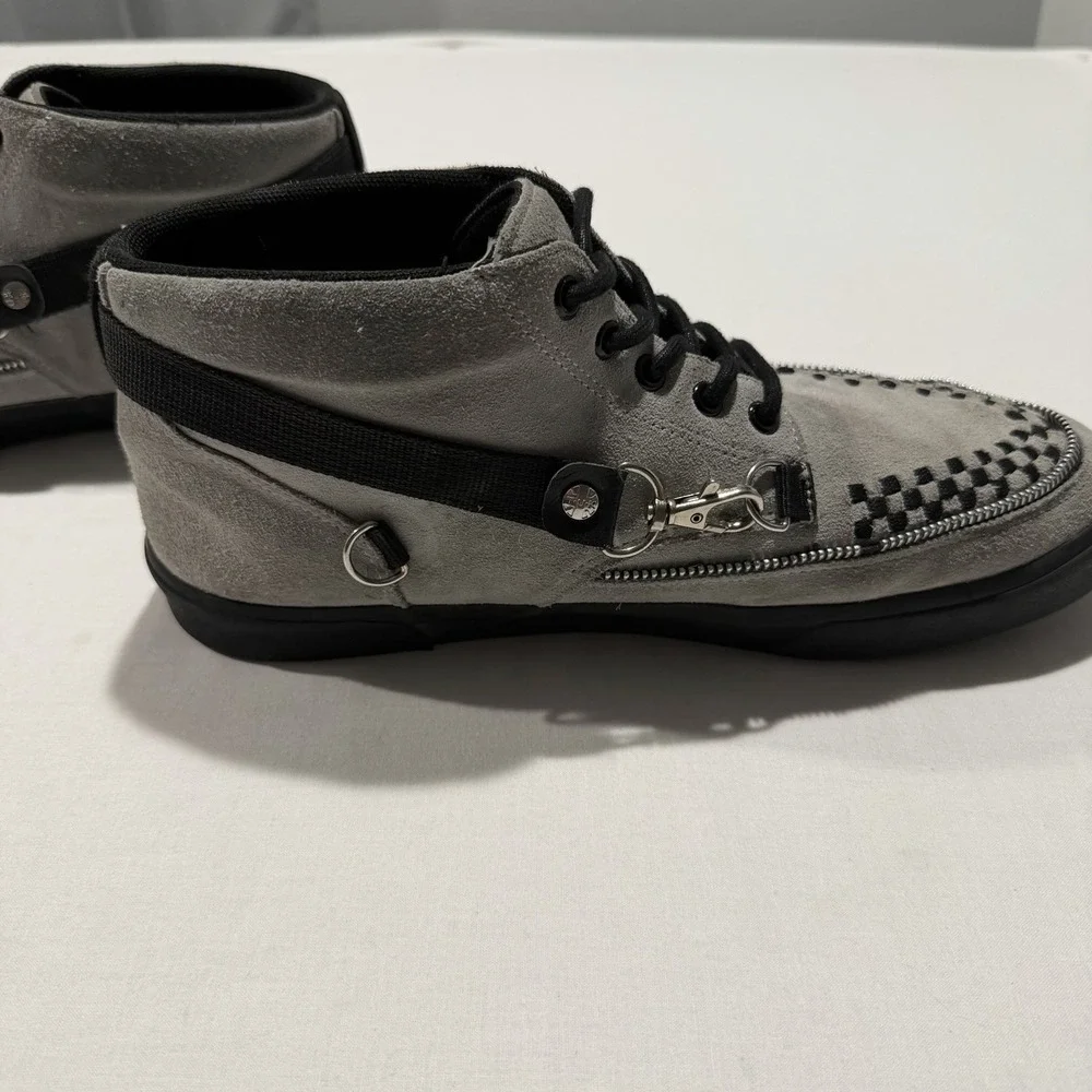TUK Mens 12 Grey Suede Creeper Sneakers Bondage Straps D-Ring Zipper Punk Rock
